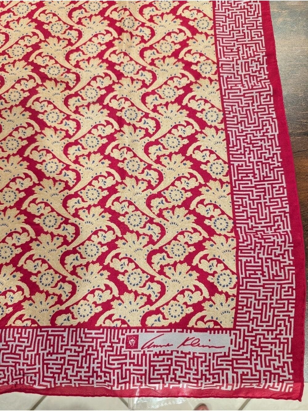Anne Klein Vintage 80s Red Cream Floral Silk Scarf